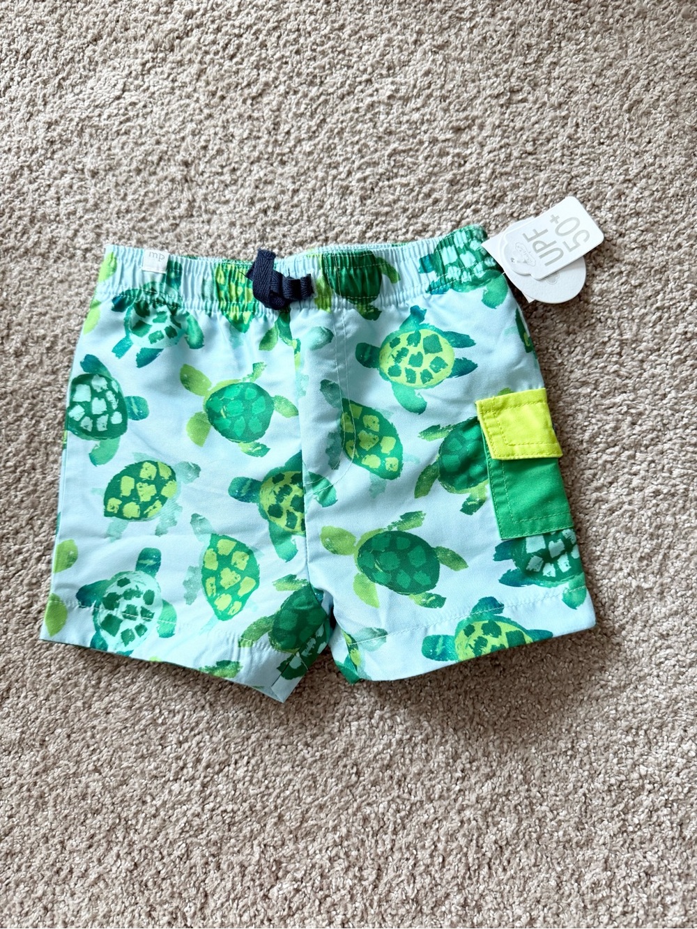 NWT Mud Pie Light Blue Swim Shorts with Green Turtle Print Size 6-9M
